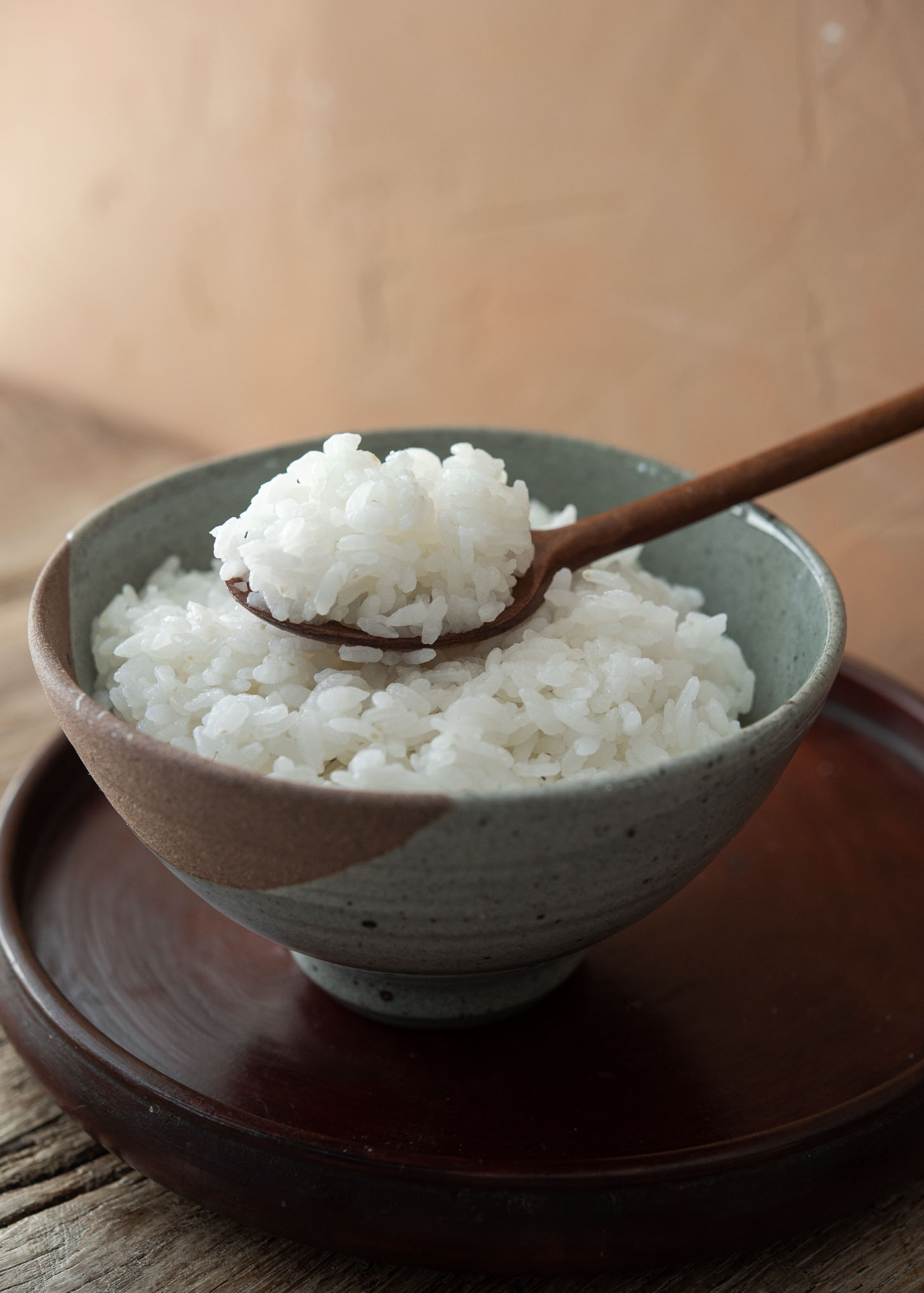 A spoonful of cooked short grain Korean rice.