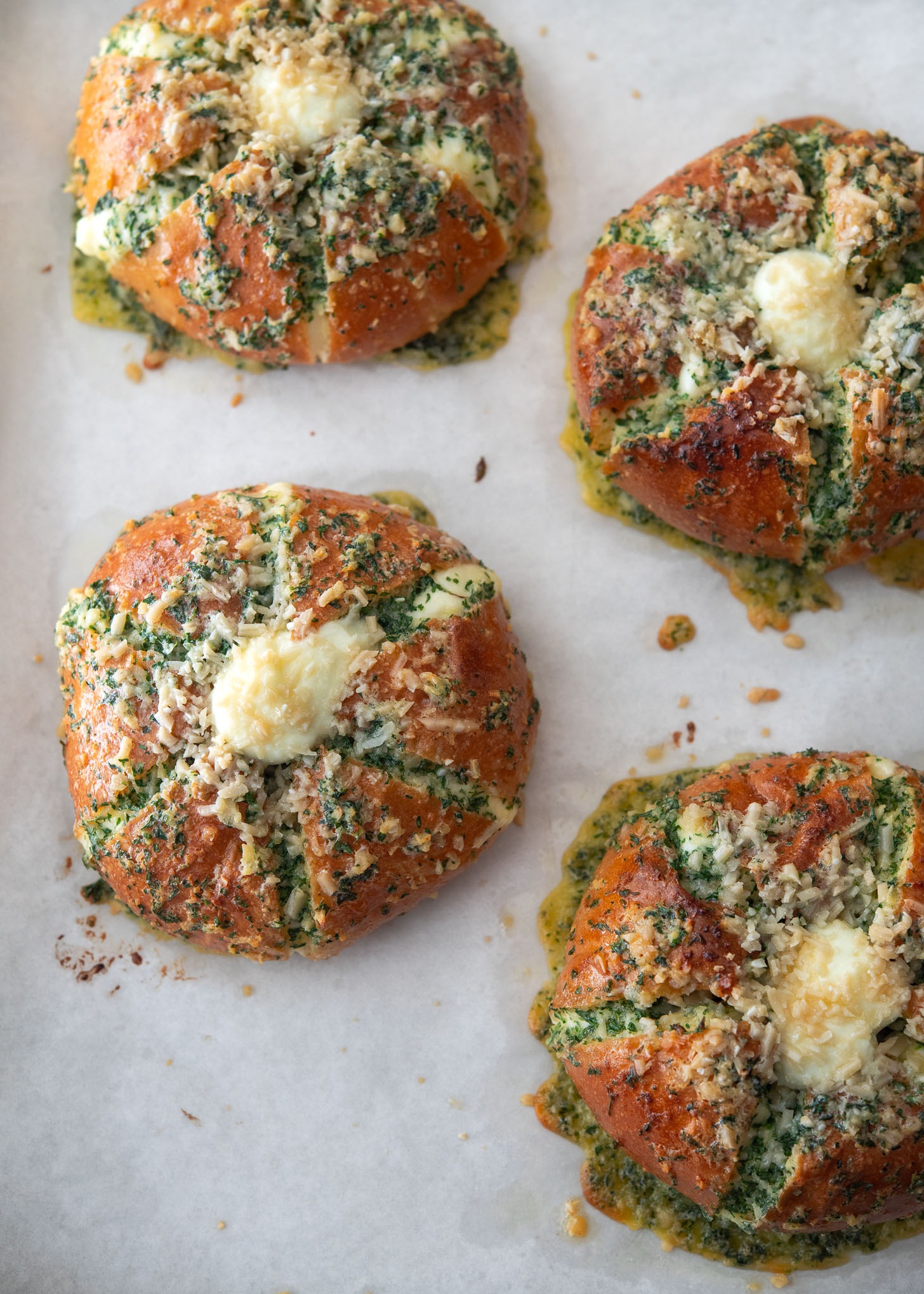 Korean cream cheese garlic bread baked on a baking sheet.