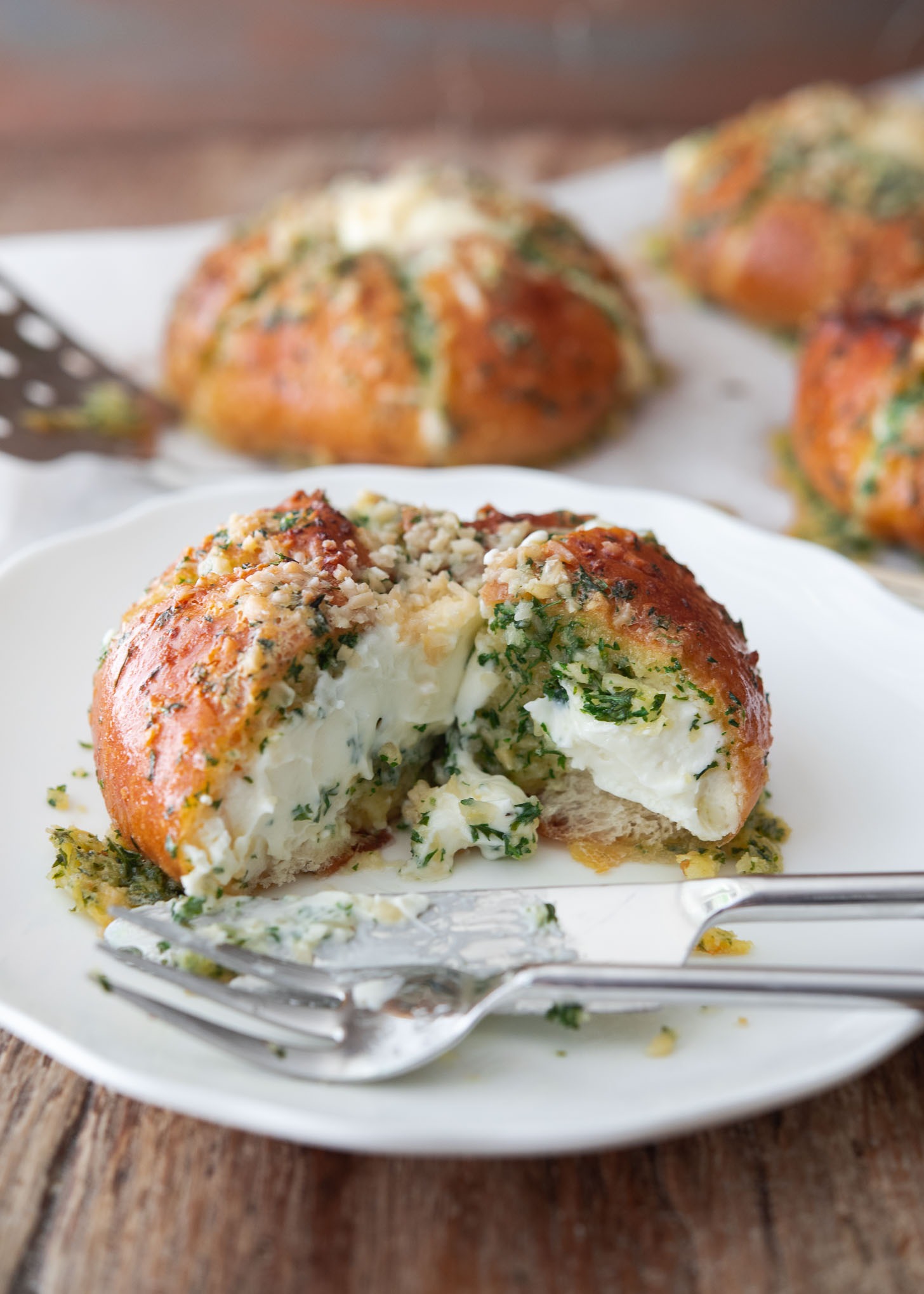 Cream cheese filling inside of Korean garlic bread buns.