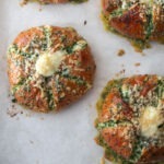 Korean cream cheese garlic bread baked on a baking sheet.