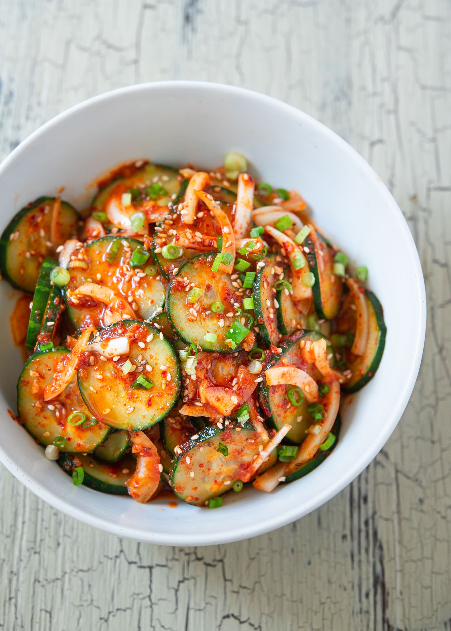 Korean cucumber salad, or oi muchim, made in a bowl in under 10 minutes.