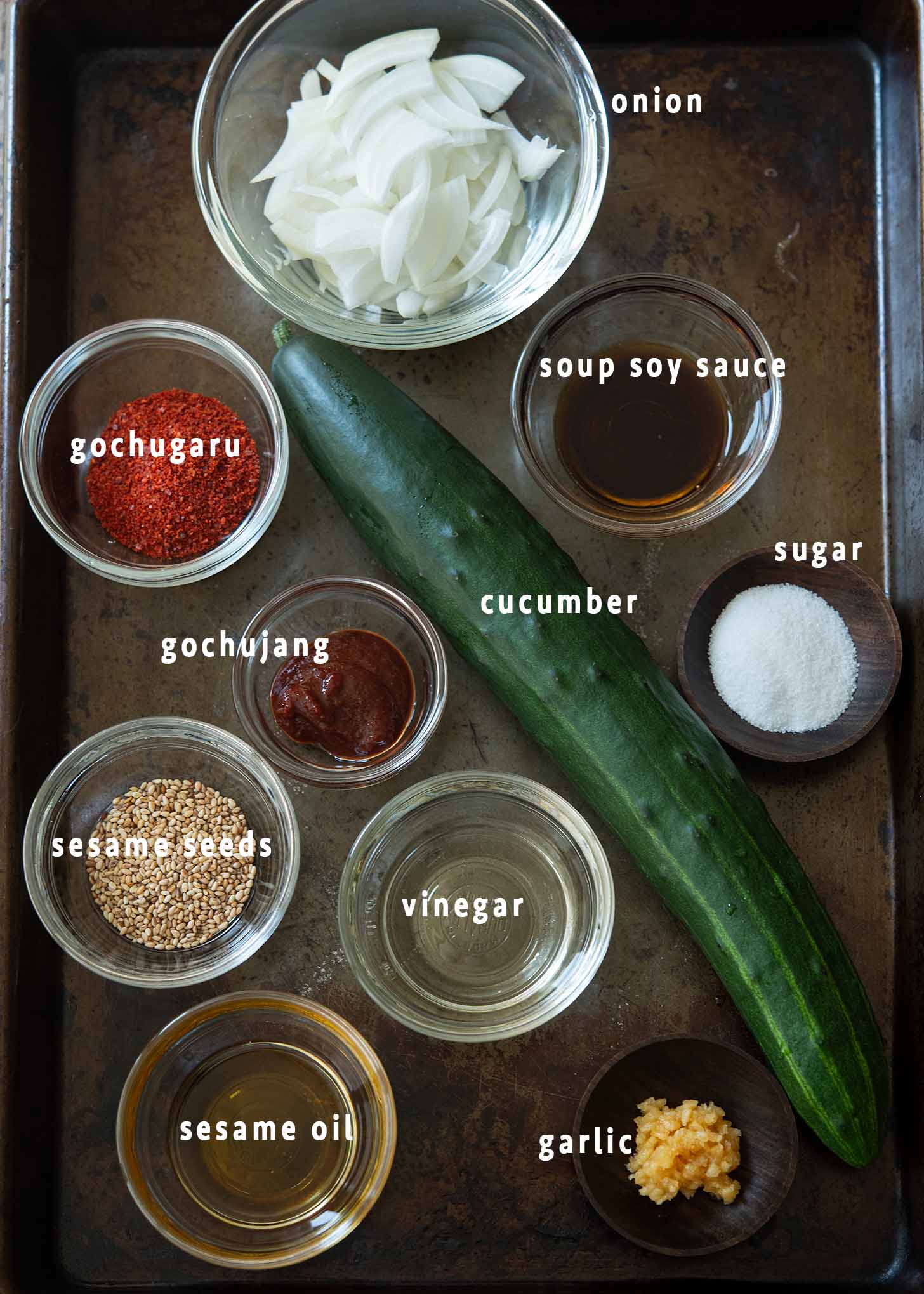 Ingredients for Korean cucumber salad or cucumber side dish.
