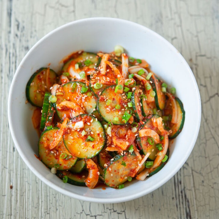 Korean cucumber salad (oi-muchim) made with gocujang dressing.