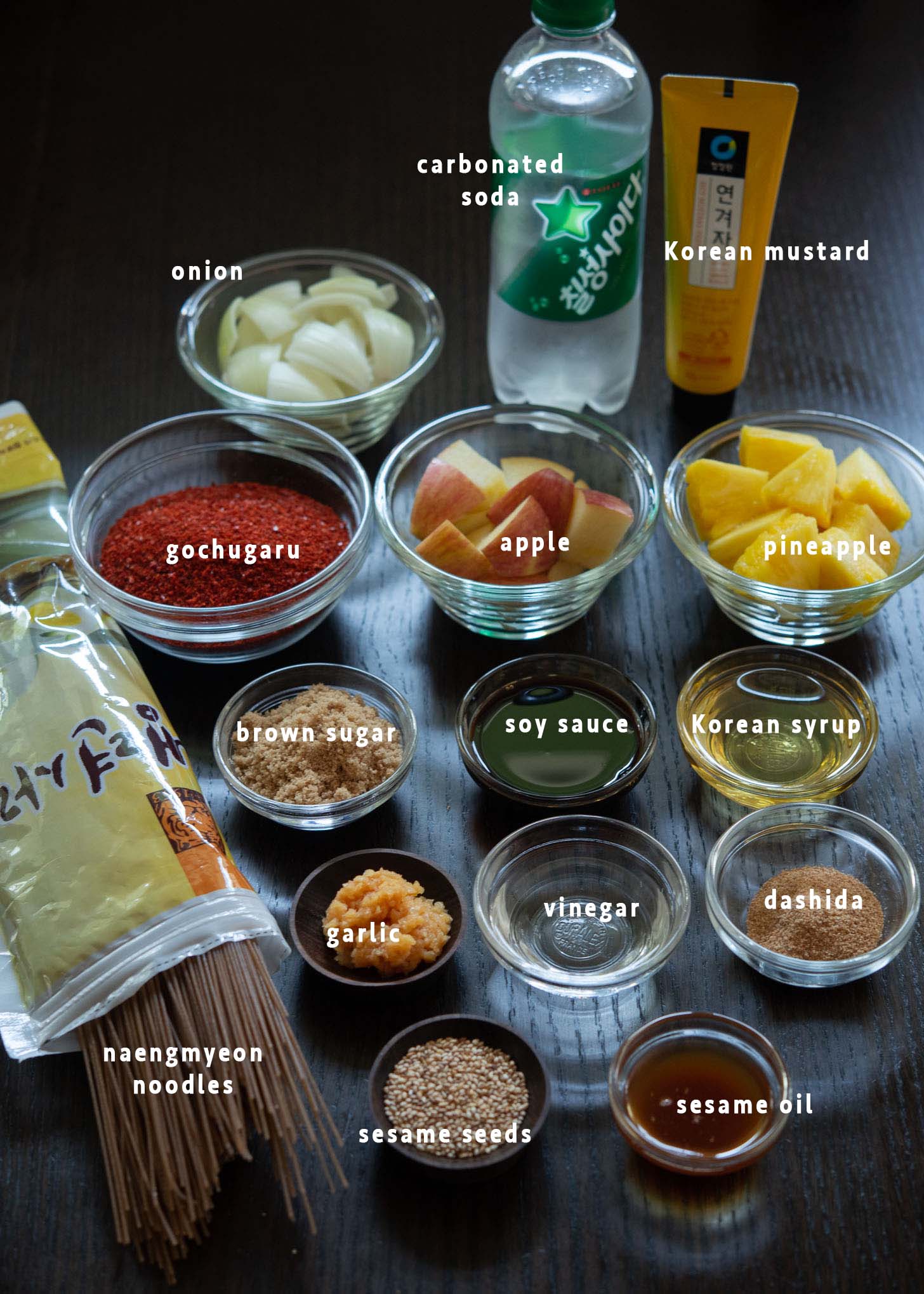 Bibim naengmyeon and sauce ingredients.