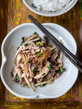 Healthy Asian mushroom stir-fry served with rice.