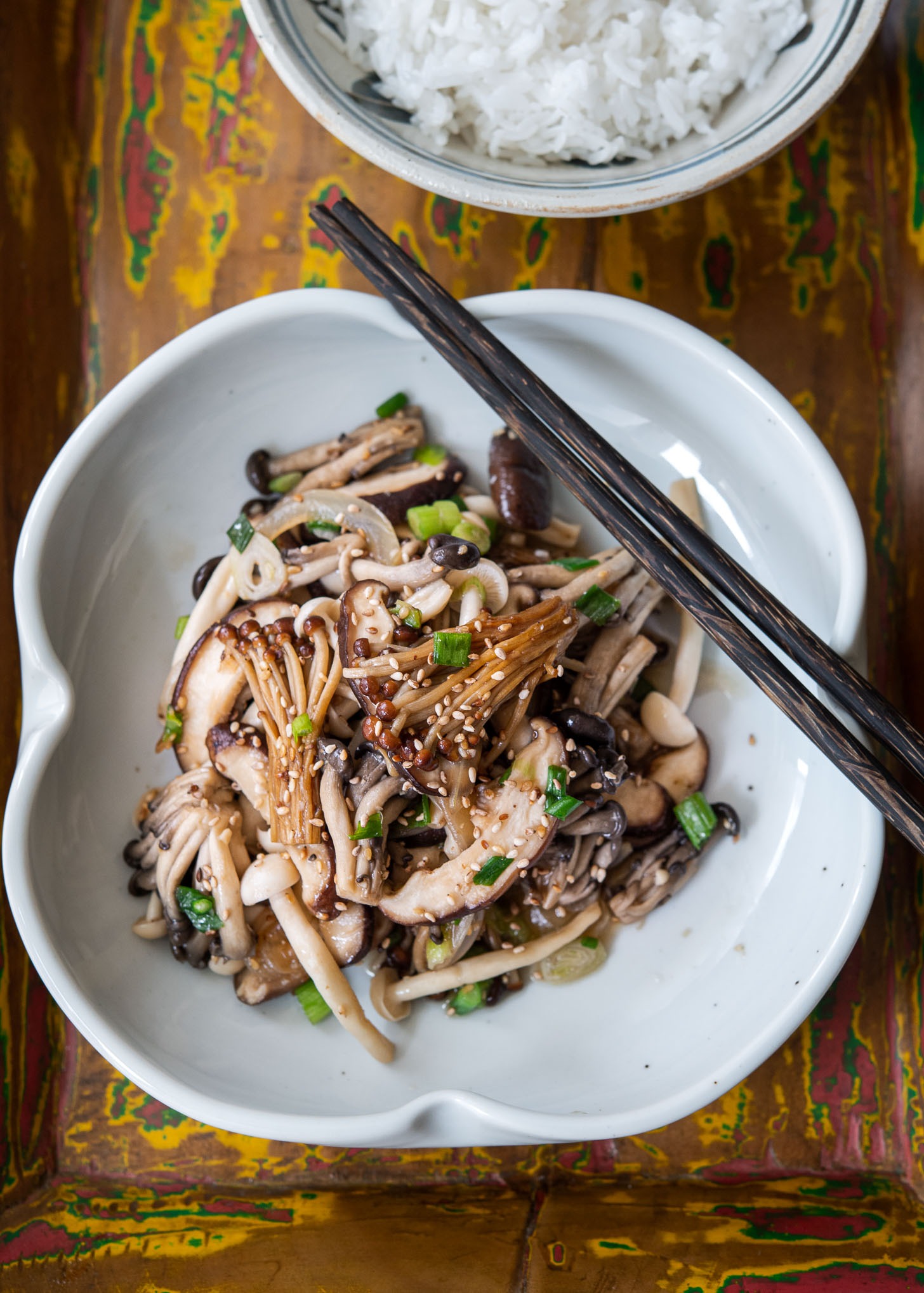 Healthy Asian mushroom stir-fry served with rice.