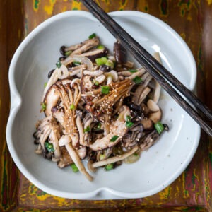 Healthy Asian mushroom stir-fry served with rice.