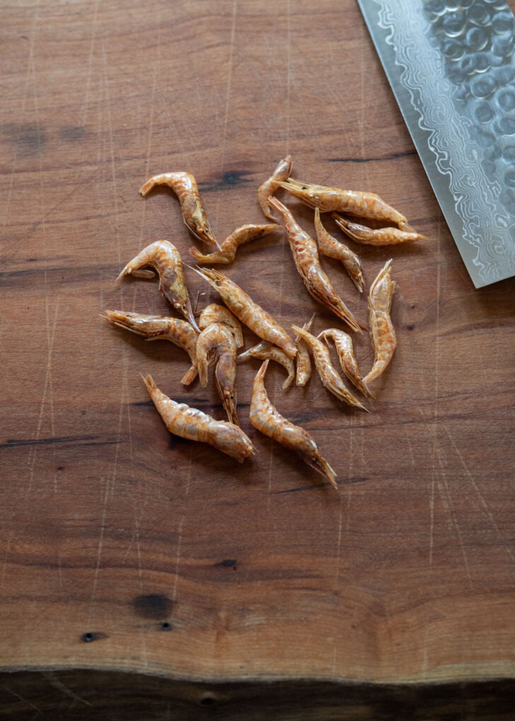 Dried baby shrimps on the cutting board
