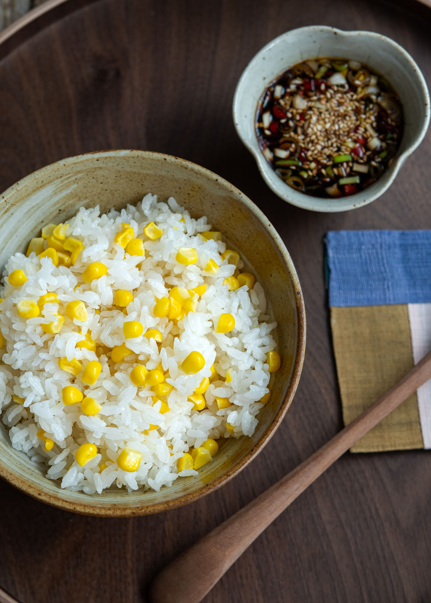 Corn rice served with Korean topping sauce