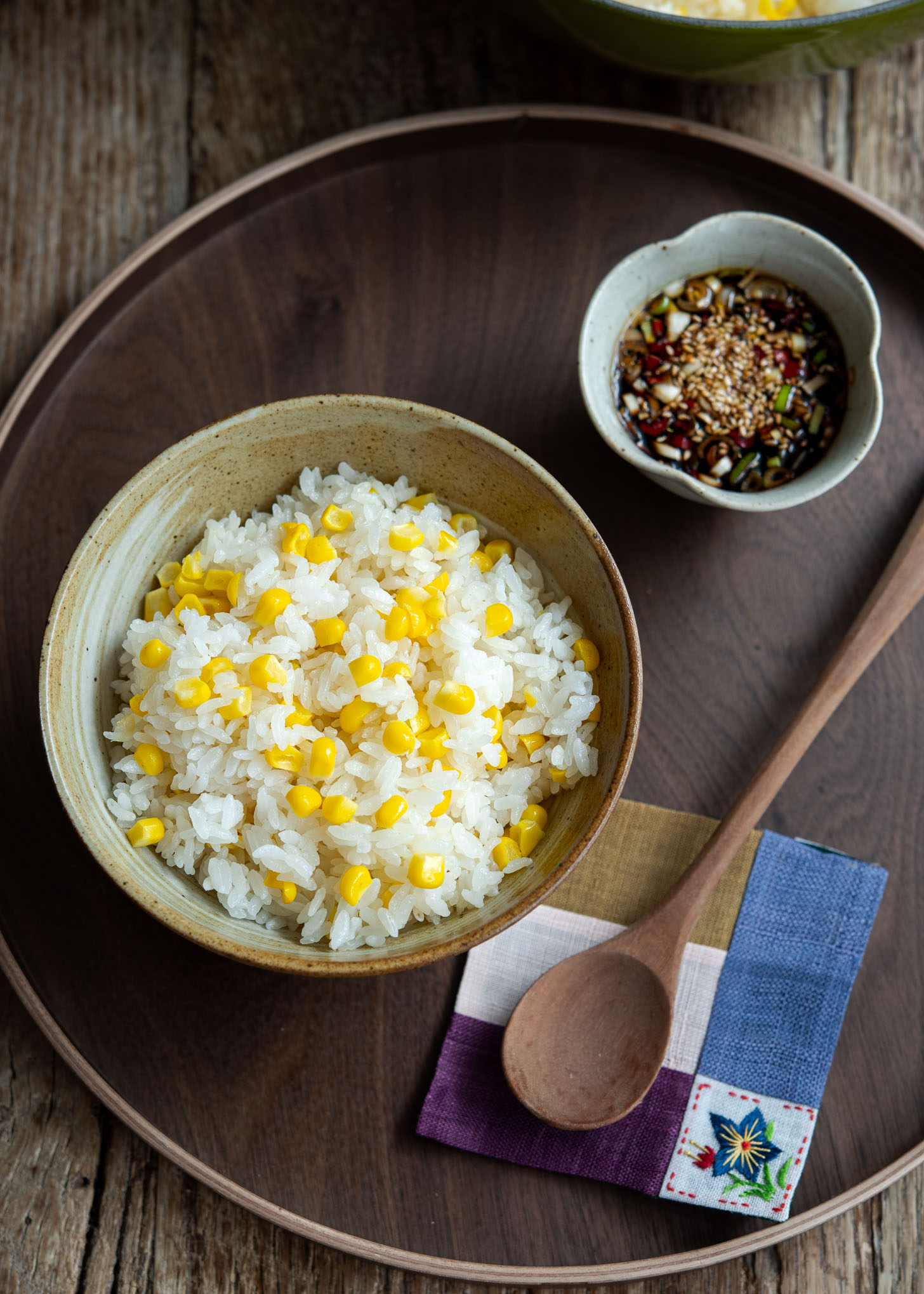 Corn rice served with  Korean style topping sauce.