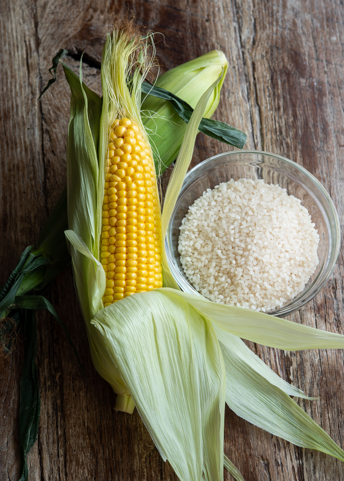 Fresh sweet corn and rice as key ingredients to make Korean style corn rice.