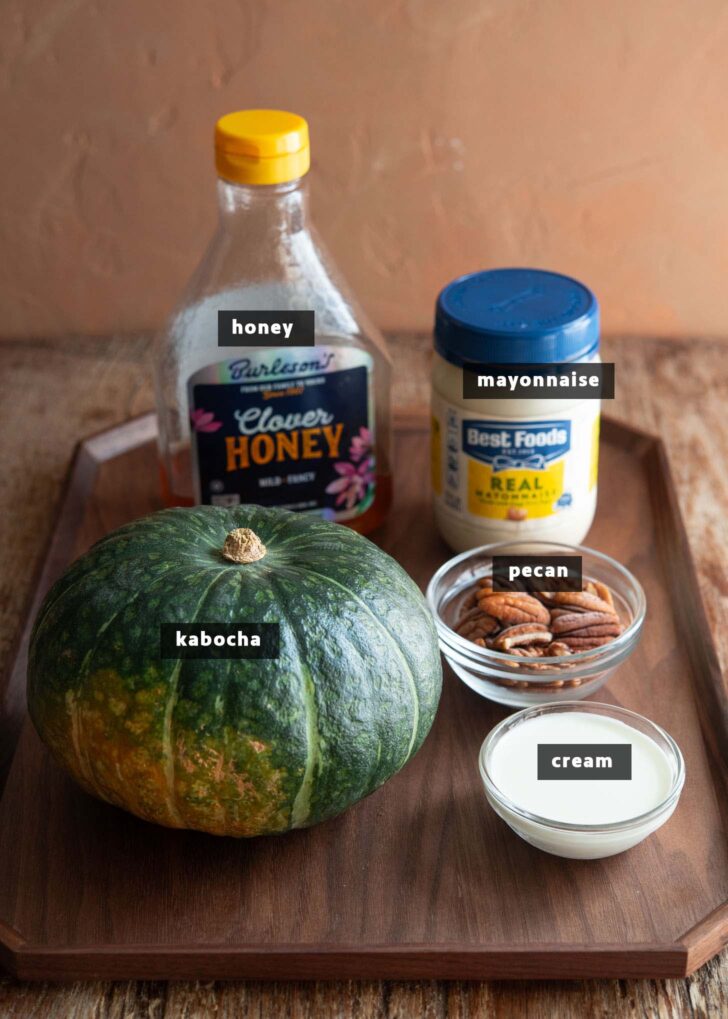 Recipe ingredients for kabocha salad (Korean pumpkin salad)