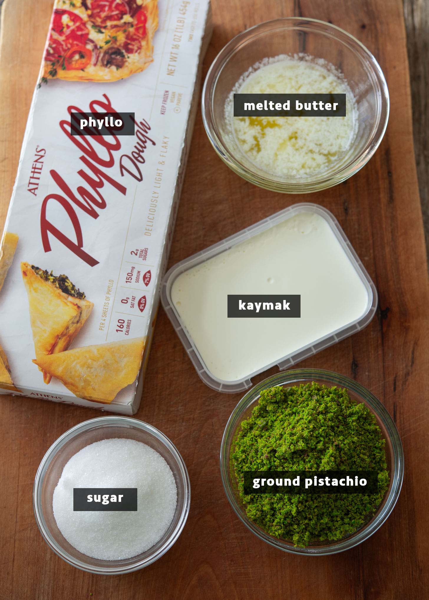 Ingredients for making Katmer, Turkish pistachio pastry.