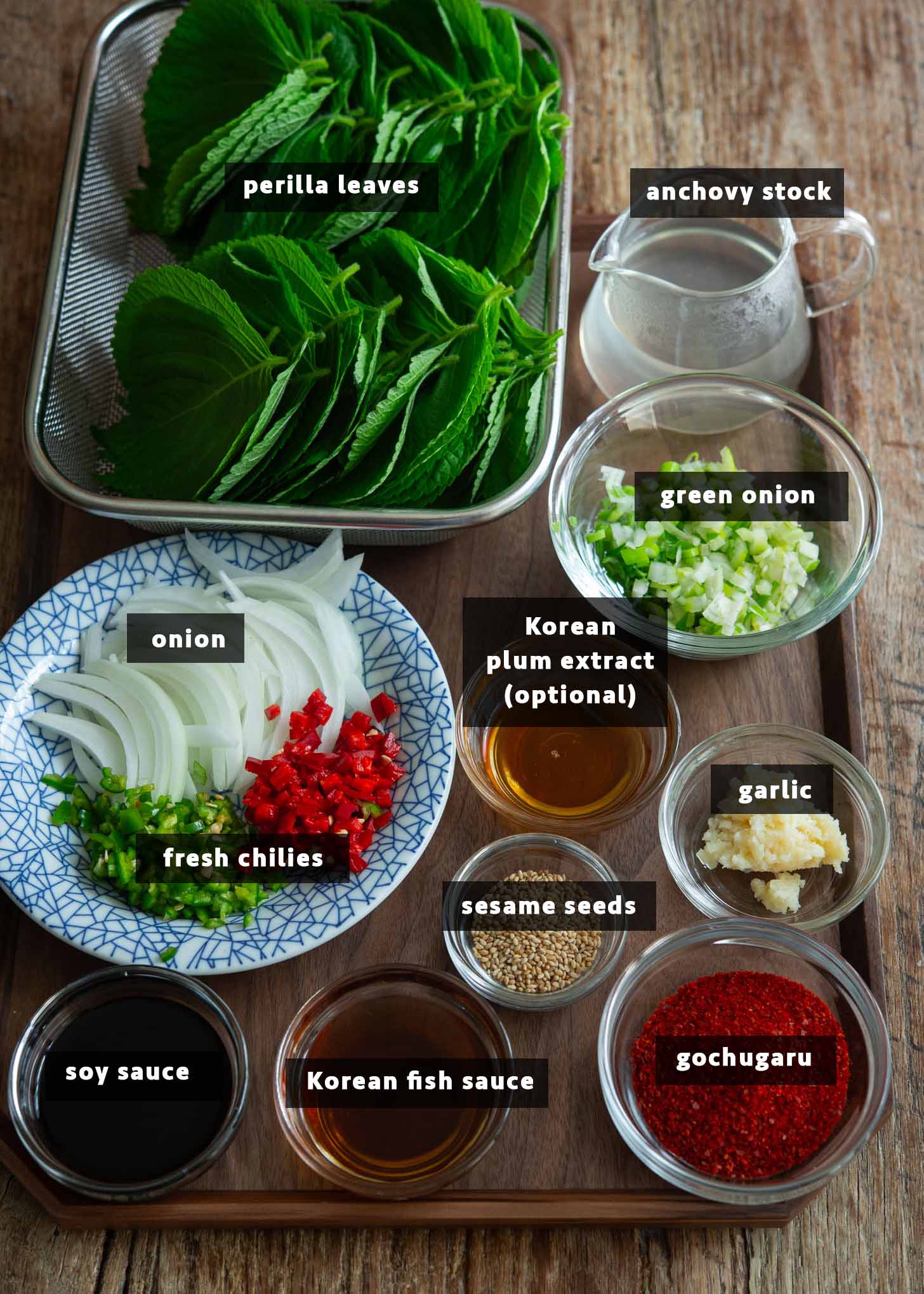 Ingredients for making Kkaennip kimchi made with fresh Perilla Leaves.