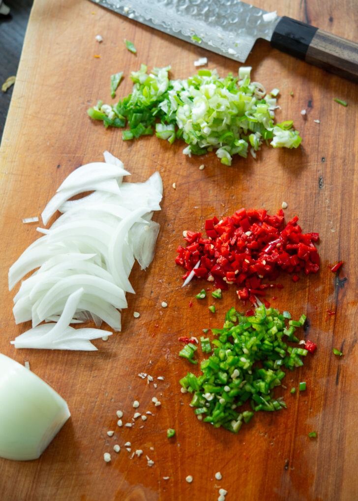 Fresh produce chopped to add savory note to kkaennip kimchi.