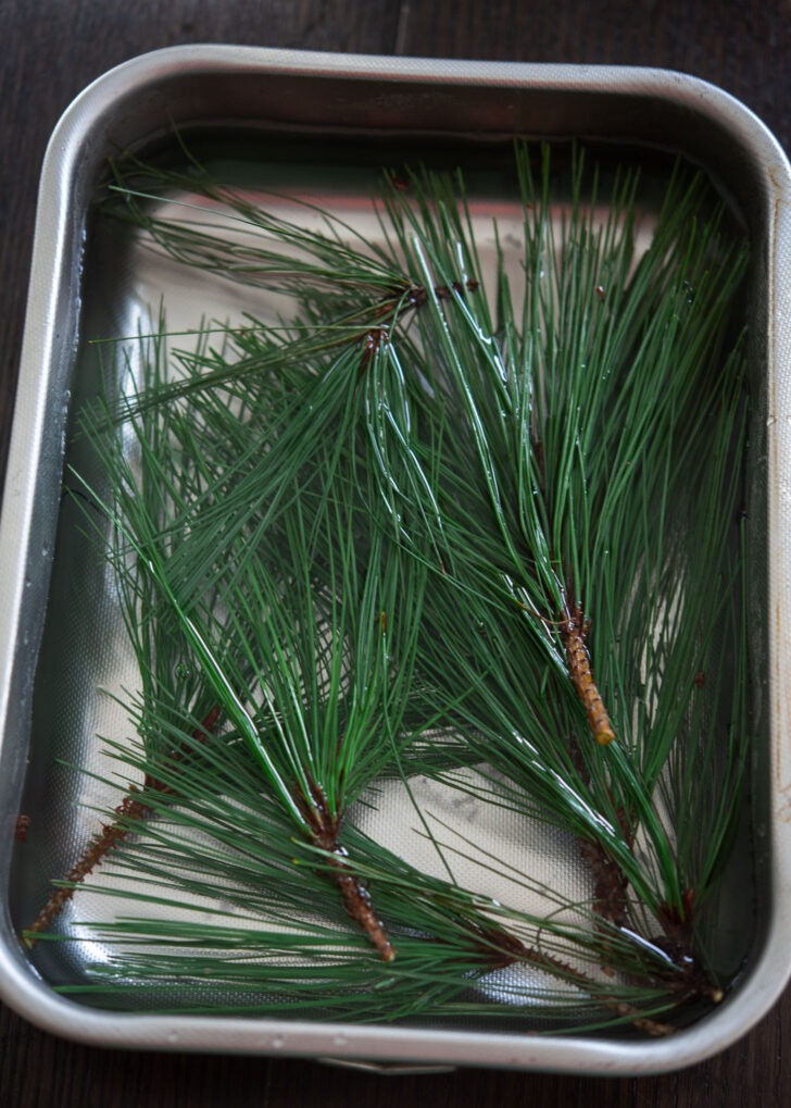 Pine needles soaking in cold water to remove dusts.