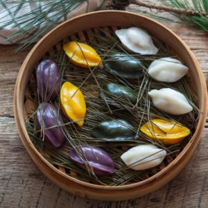 Colorful Songpyeon steamed over pine needles in a bamboo basket.