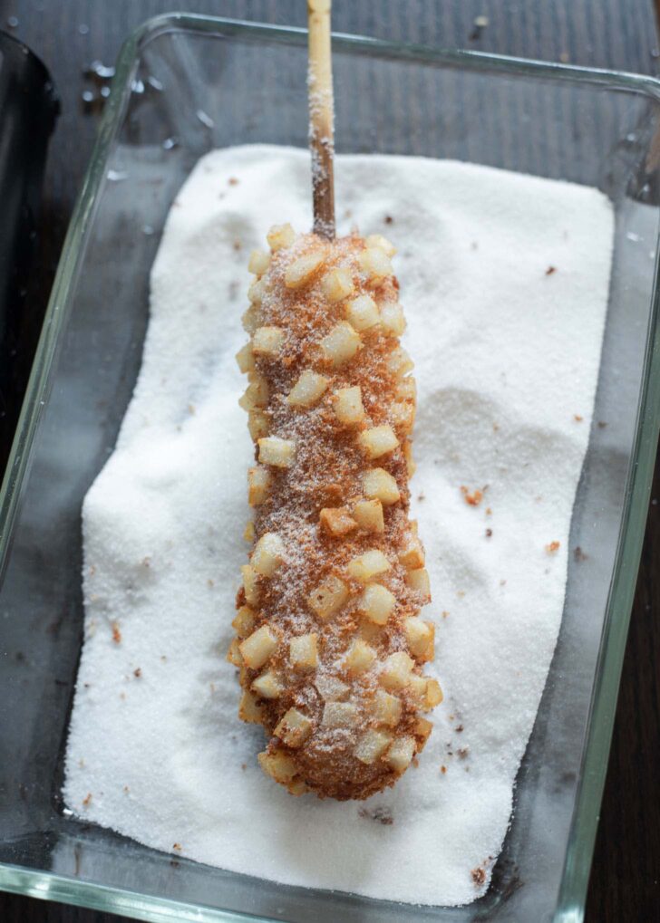 Potato corn dog coating with sugar.