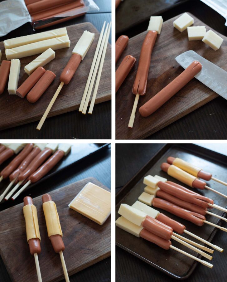 Variations of Korean corn dog skewers with their fillings.