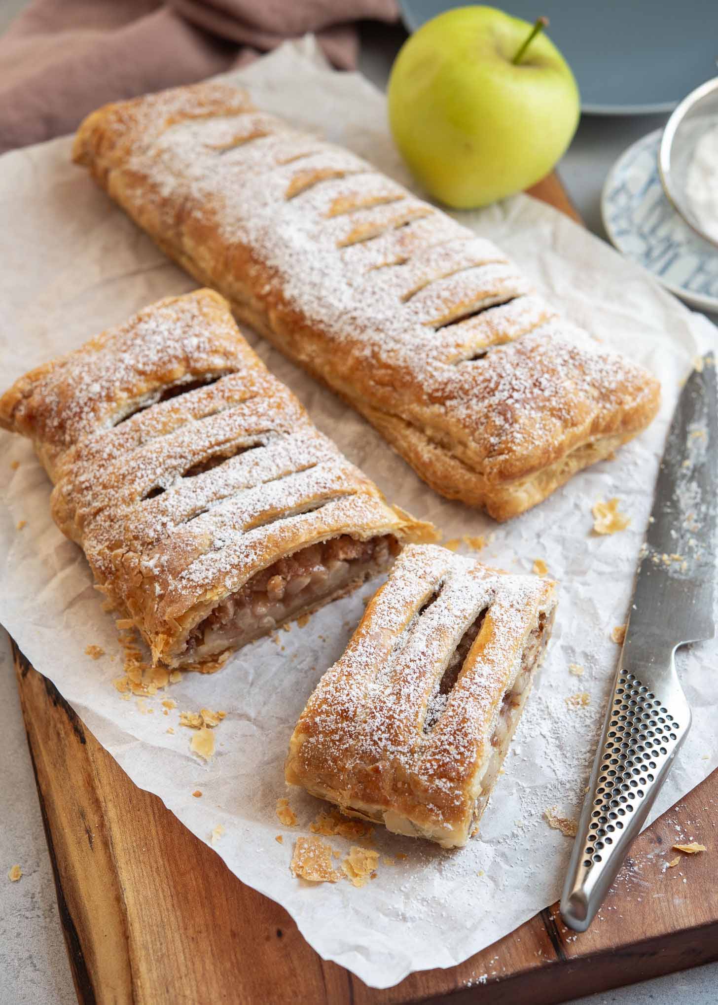 Apple strudel made with puff pastry