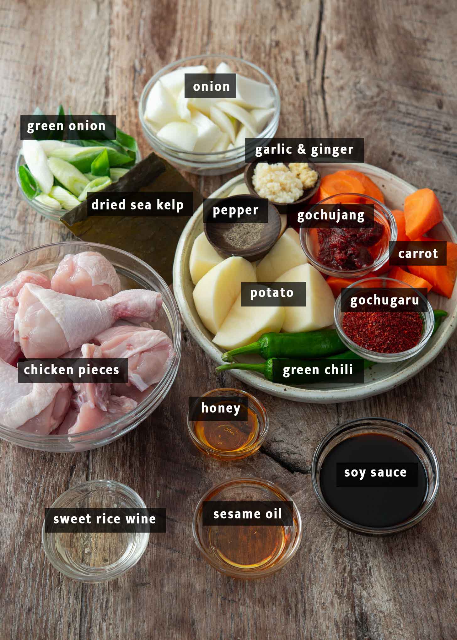 Ingredients presented for making Dakdoritang (Korean spicy chicken stew).