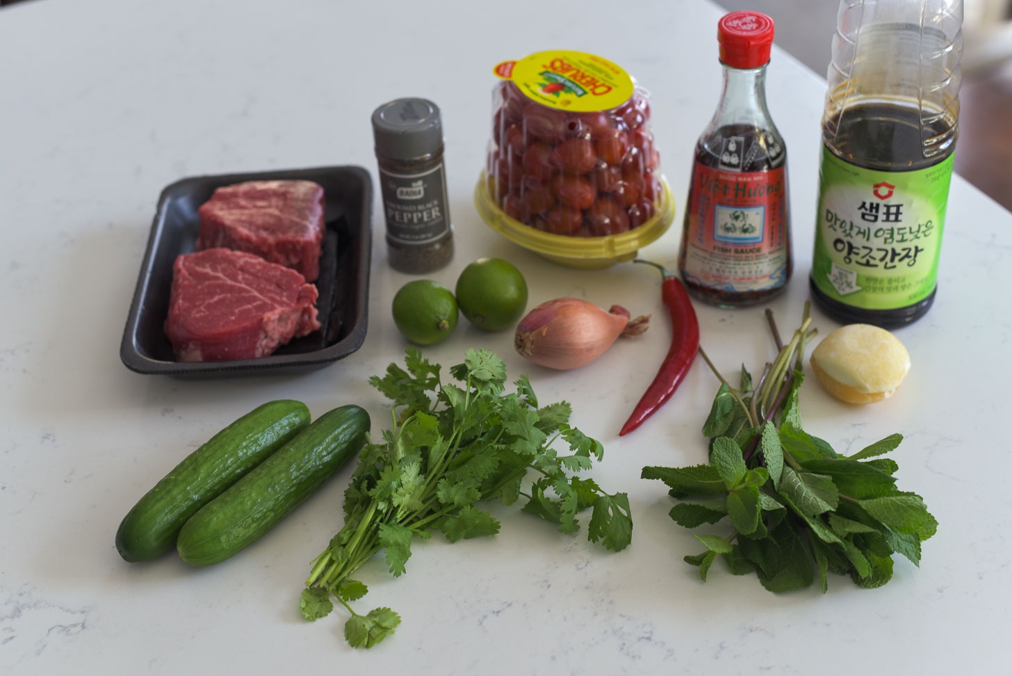 Ingredients for making Thai beef salad (Yum Nua).