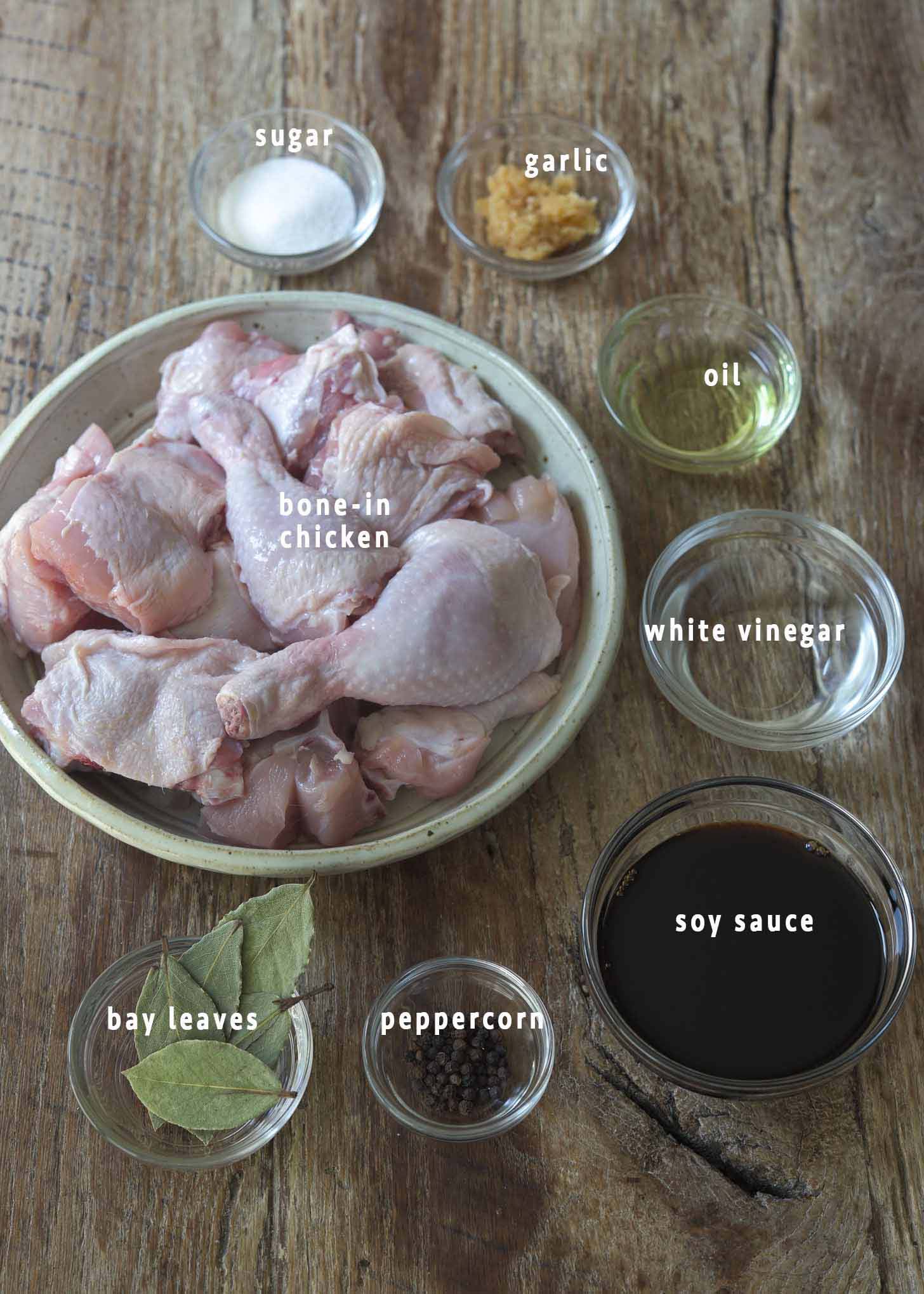 Ingredients for Filipino chicken adobo recipe.