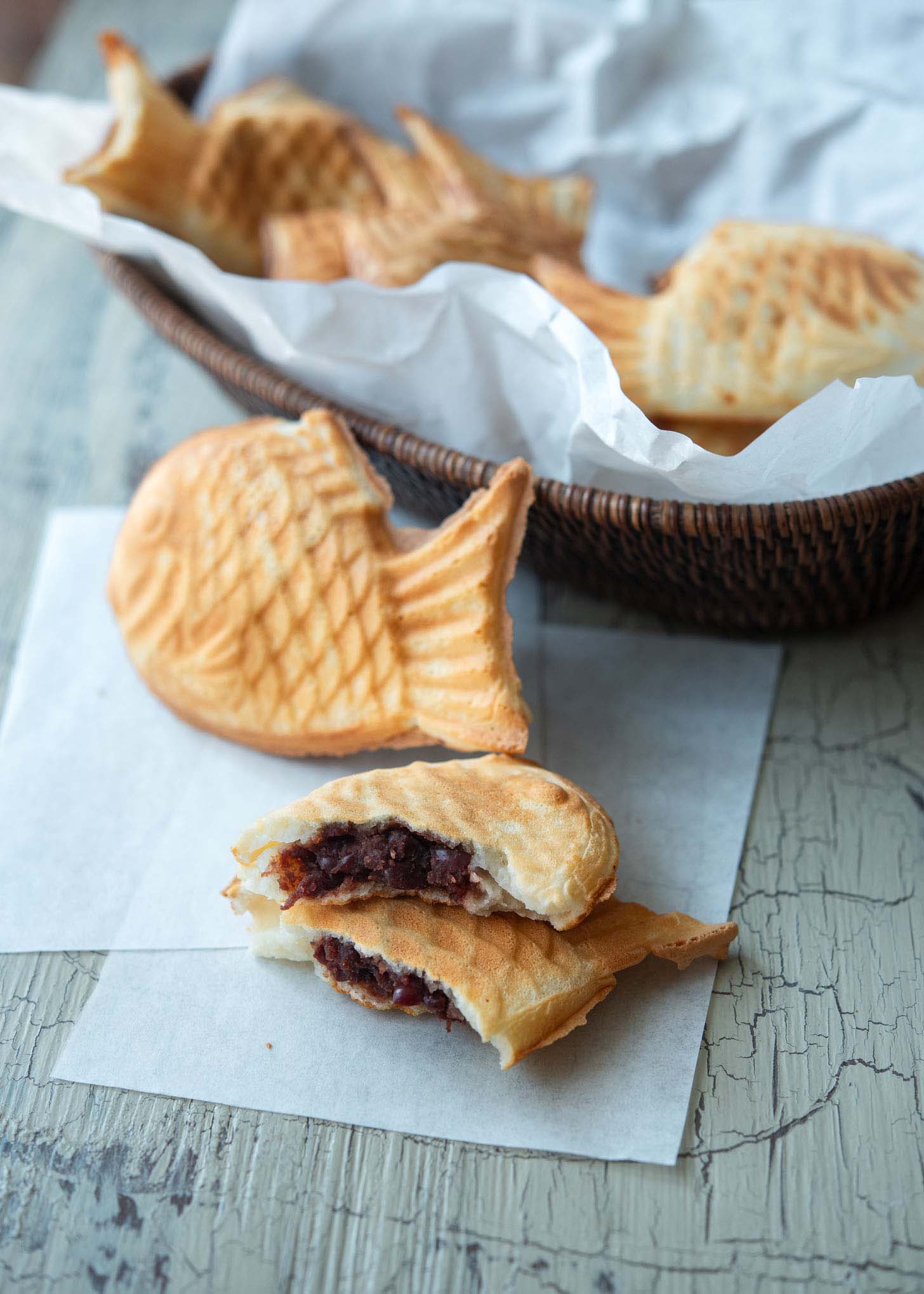 Sweet red bean filling showing inside of Korean fish shaped bread.