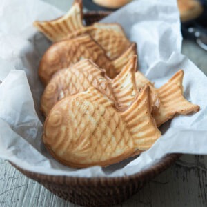 Bungeoppang, Korean fish shaped taiyaki bread, in a basket.