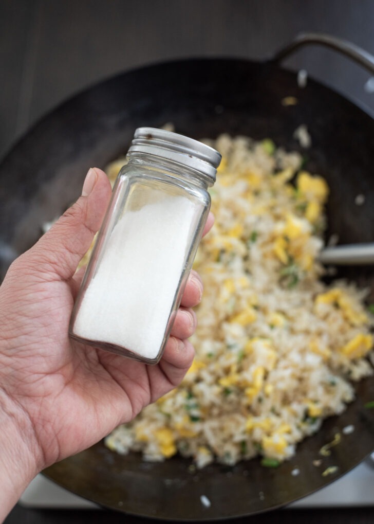 A tiny bit of MSG is added to egg fried rice.