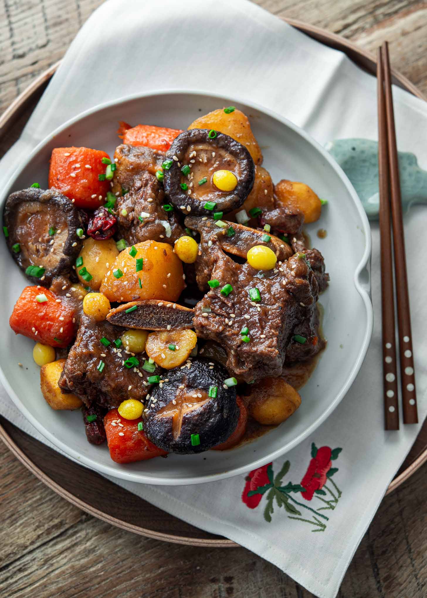 A plate of tender galbijjim with vegetables.