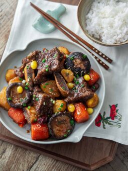 Galbi jjim, Korean braised short ribs, placed in a serving dish with rice.