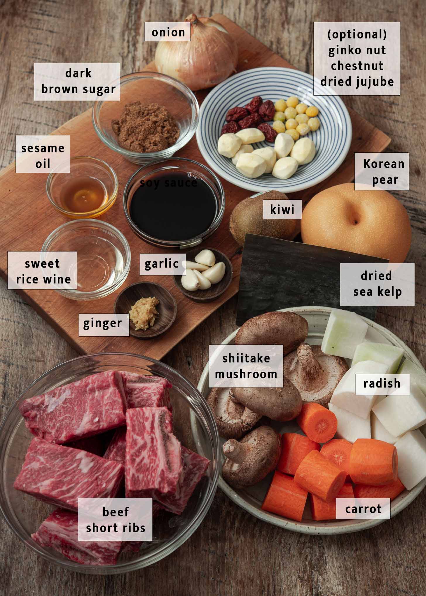 Ingredients for making galbi jjim recipe.