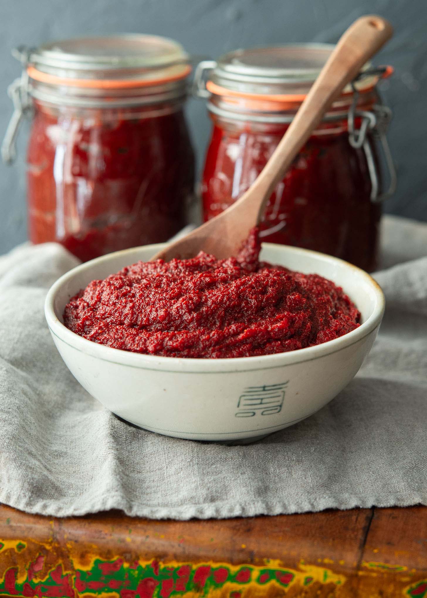 Homemade gochujang (Korean chili paste) in a bowl.