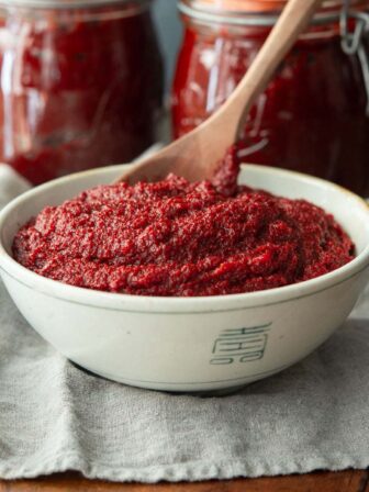 A bowl of homemade gochujang (Korean chili paste).