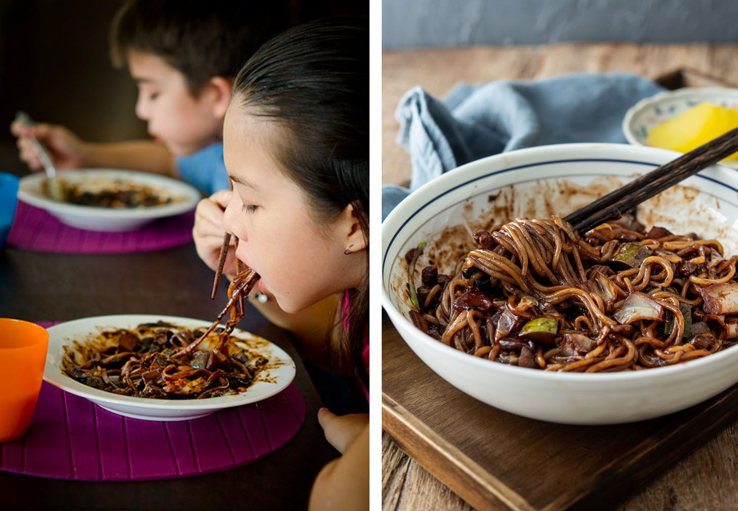 A photo collage of two kids eating korean black bean noodles.
