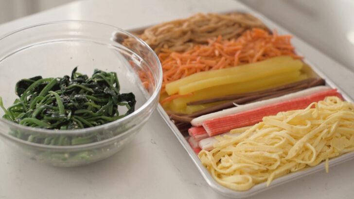 Filling ingredients for Korean seaweed rice rolls prepared.