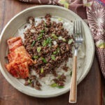 Korean beef and rice bowl made with ground beef bulgogi in a serving bowl.