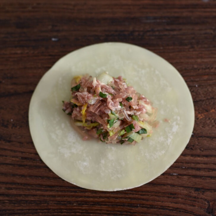 Korean dumpling filling placed on a mandu wrapper.