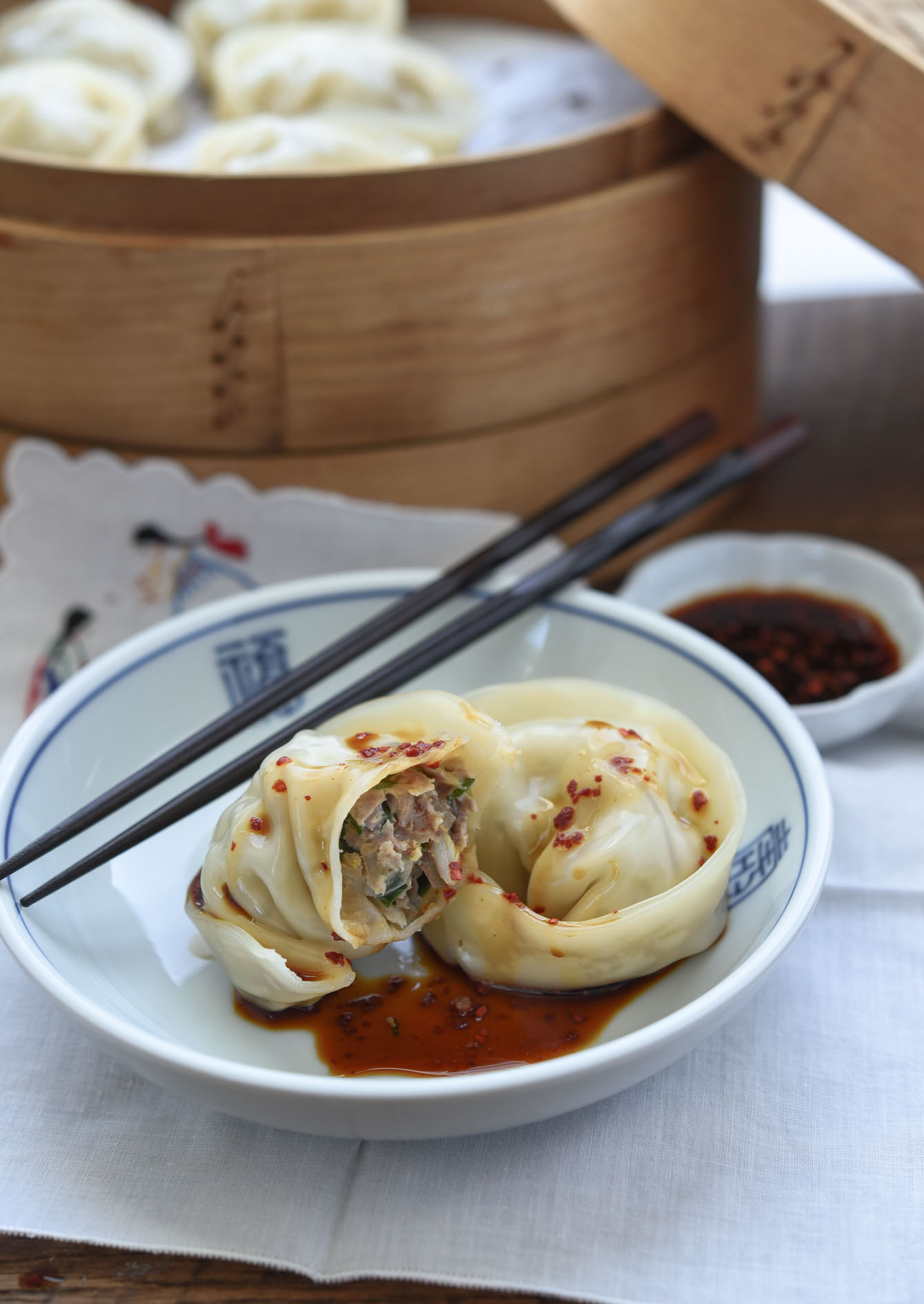 Mandu filling shown inside the Korean dumpling.