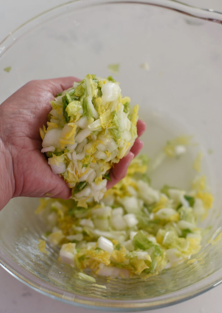 Napa cabbage squeezed to remove excess water.