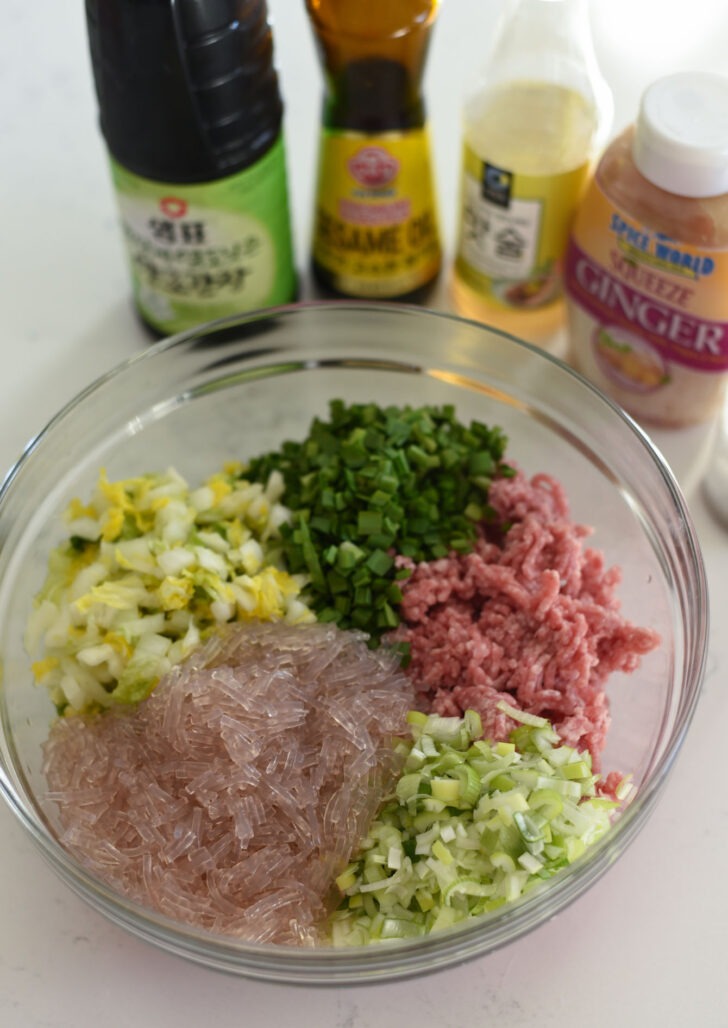 Mandu filling ingredients combined in a mixing bowl.