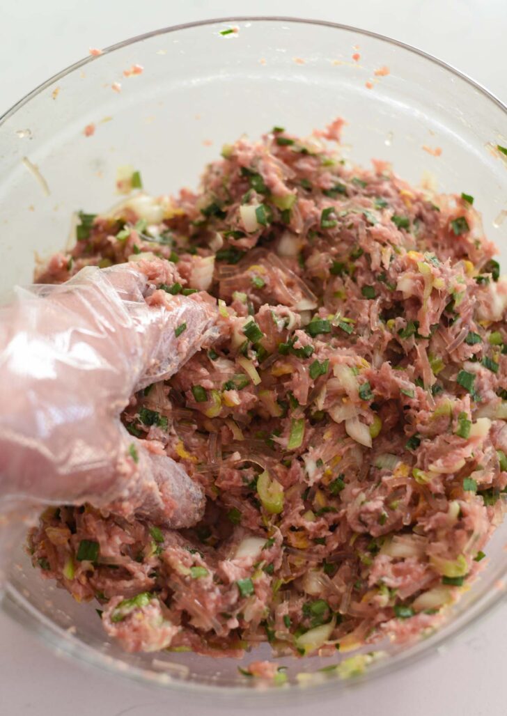 Korean dumpling filling ingredients mixed in a bowl.