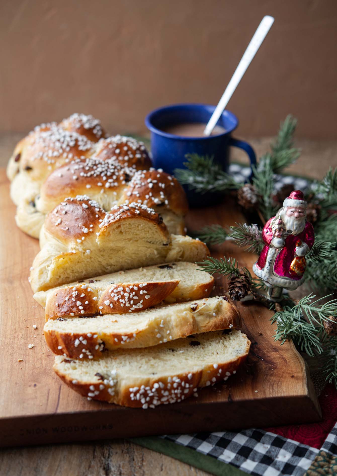 Holiday braided pulla bread served with homemade hot chocolate.