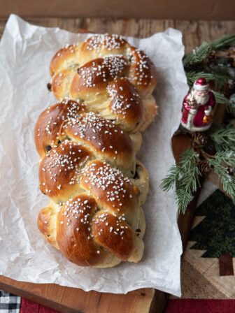 Pulla cardamom bread topped with pearl sugar.