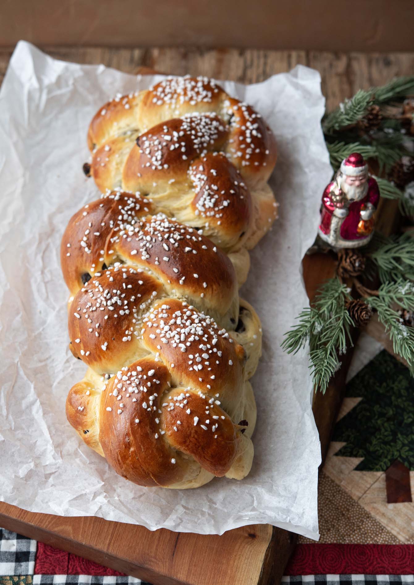 Pulla cardamom bread topped with pearl sugar.