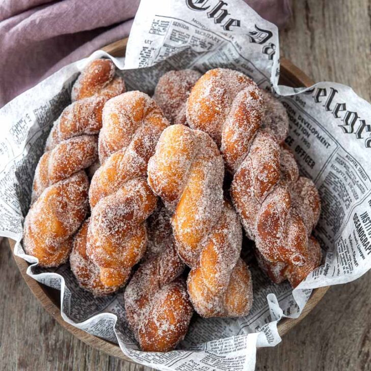 Korean style twisted donuts (kkwabaegi) in a bowl.