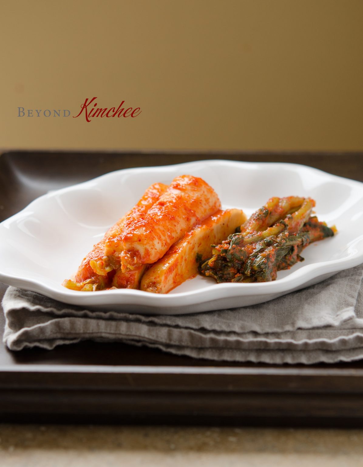 Sliced ponytail kimchi on a serving dish.