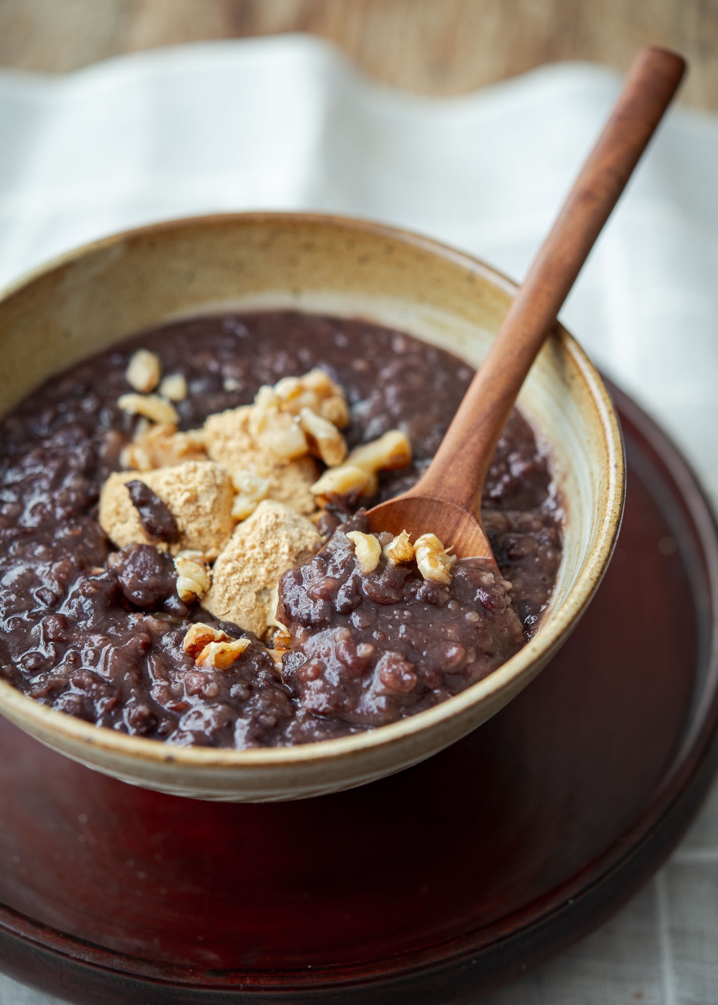 Korean sweet red bean soup in a serving bowl.