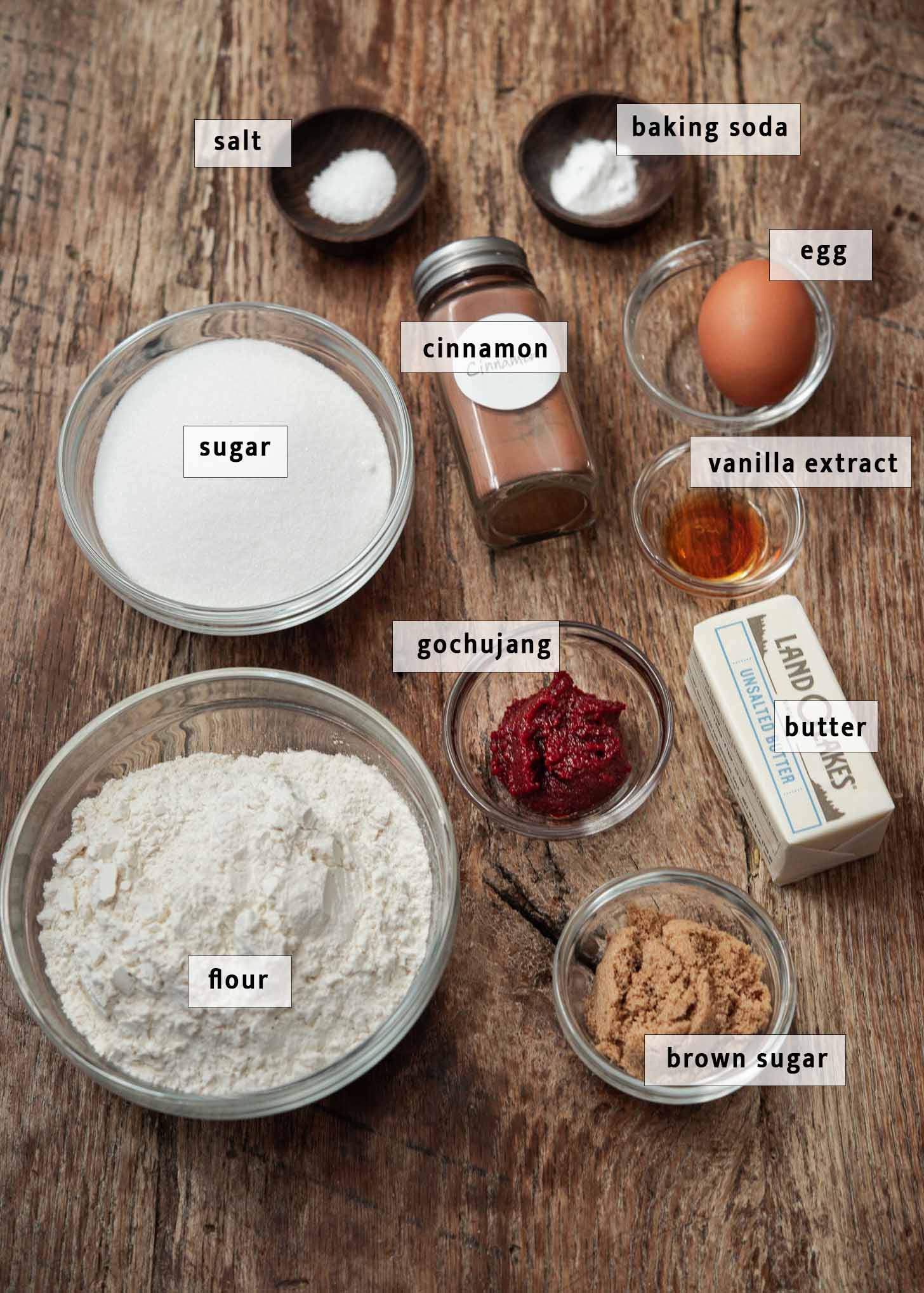 Ingredients for making gochujang caramel cookie recipe.